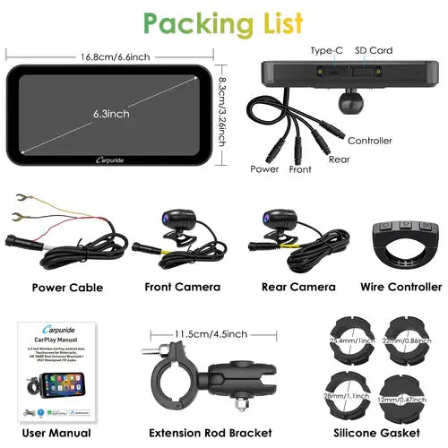 Carpuride W603 Wireless Portable Motorcycle Stereo with HD 1080P Dual Cameras Carpuride