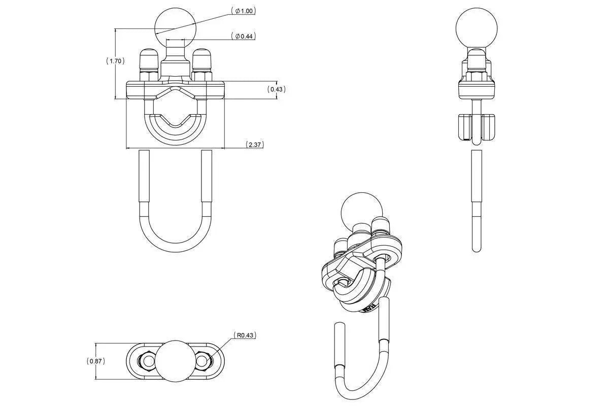 Mobile Mounts - RAM Base - Rail With Zinc Coated U-Bolt