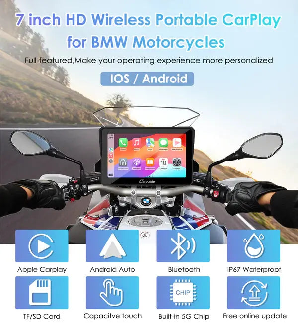 Carpuride W702B Wireless Portable Motorcycle Stereo with BMW Motorcycles Bracket Carpuride