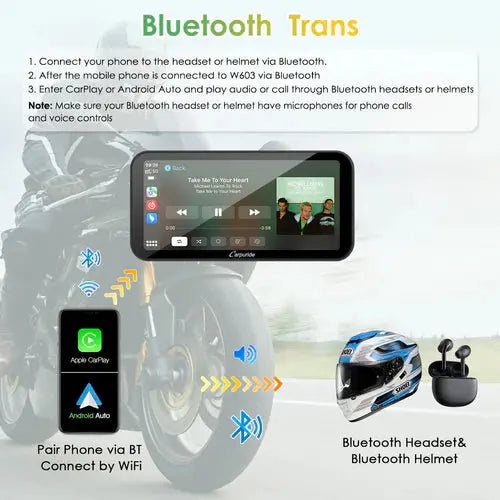 Carpuride W603 Wireless Portable Motorcycle Stereo with HD 1080P Dual Cameras Carpuride