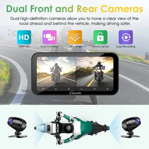 Carpuride W603 Wireless Portable Motorcycle Stereo with HD 1080P Dual Cameras Carpuride