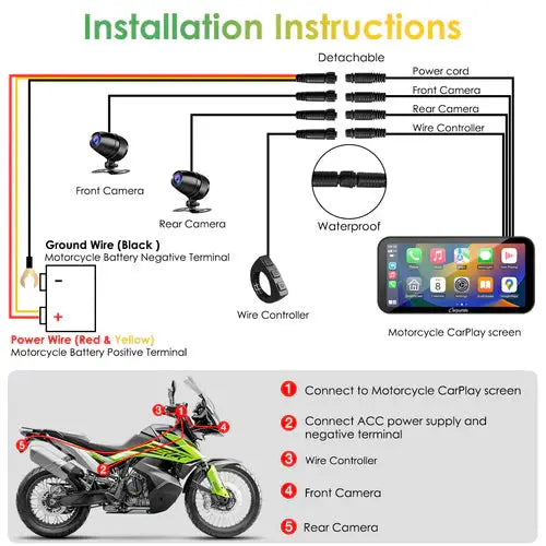 Carpuride W603 Wireless Portable Motorcycle Stereo with HD 1080P Dual Cameras Carpuride