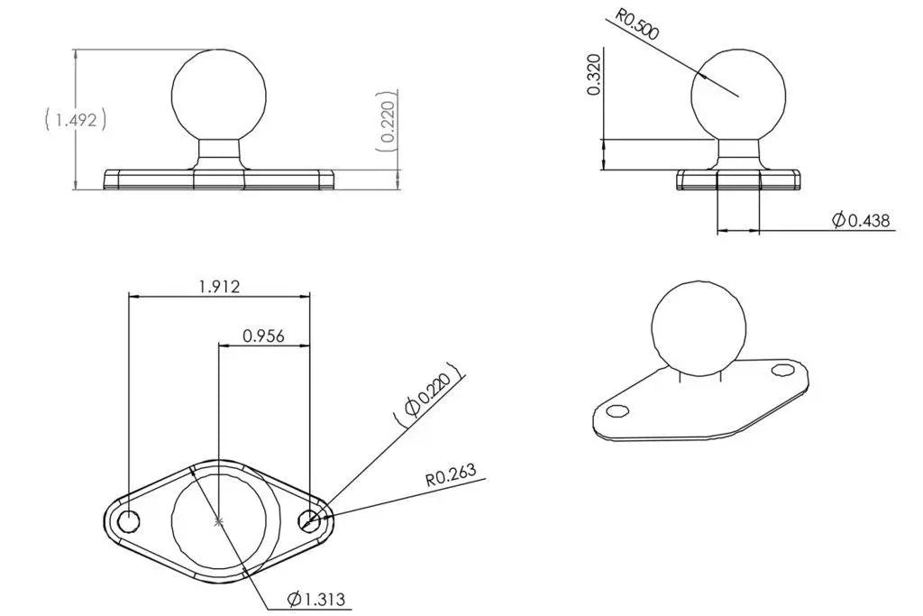 Mobile Mounts - RAM Base - 2.43" X 1.31" Diamond Ball Base With 1" Ball